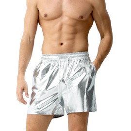 Casey Kevin Men's Metallic Shorts Reflective Rave Shorts with Pockets, CK3112-Silver, L