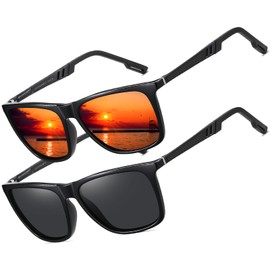 LEDING&BEST Polarised Sunglasses for Men Women Square Ultralight Frame with Spring Hinge for Driving, Fishing UV400 Protection Sunglasses CAT 3 CE, Set of 2 (black and red)