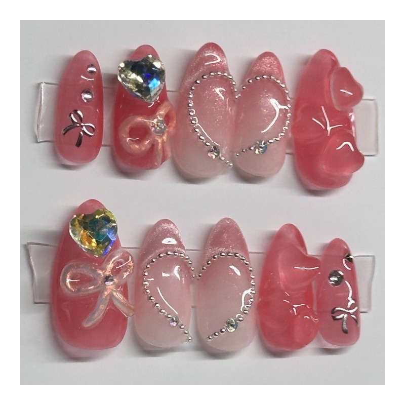 Shy Ribbon Heart Handmade Nail Tips - Coffin / 수줍은