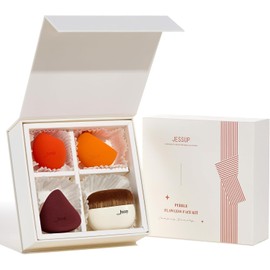 Jessup Juego de brochas para base de maquillaje con esponja, 1 brocha plana Kabuki y 3 esponjas de maquillaje para difuminar, aplicar corrector, rubor, polvos y pulir con caja de regalo, T505