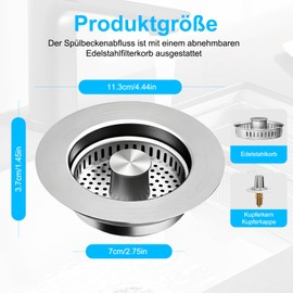 Abflusssieb Küchenspüle, Abflussstopfen mit Sieb, Sieb für Spülbecken, 3-in-1 Pop-Up Edelstahl Abflussstopfen, Ideale Schutzvorrichtungen für die Küchenspüle, Silber