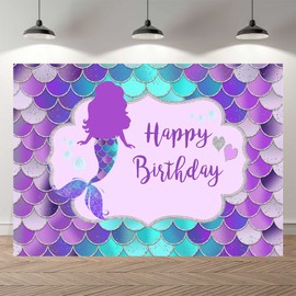 SeekPro 8x6ft Mermaid Girl Happy Birthday Backdrop Blue Purple Silver Glitter Scales Under The Sea Birthday Party Decoration Princess Party Banner SK6203D
