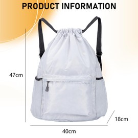 Runmeihe Drawstring Gym Bag for Kids & Adults, Large Waterproof Swimming PE Bags, Sports String Backpack, Oxford Fabric Football Bag for School Travel Climbing Hiking (White, Large)