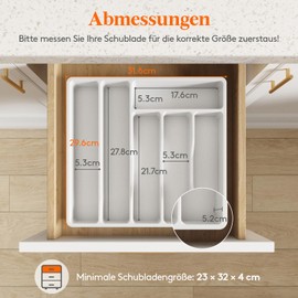 Lifewit Cutlery Tray for Drawers, Cutlery Organiser Drawer Organiser Kitchen Compact Cutlery Tray Utensil Holder for Drawer Made of Plastic for Spoons, Forks, 6 Compartments, White