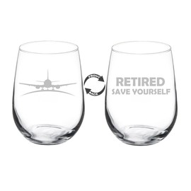 MIP Wine Glass Goblet Two Sided Retirement Gift Airplane Pilot Flight Attendant Retired Save Yourself (17 oz Stemless)