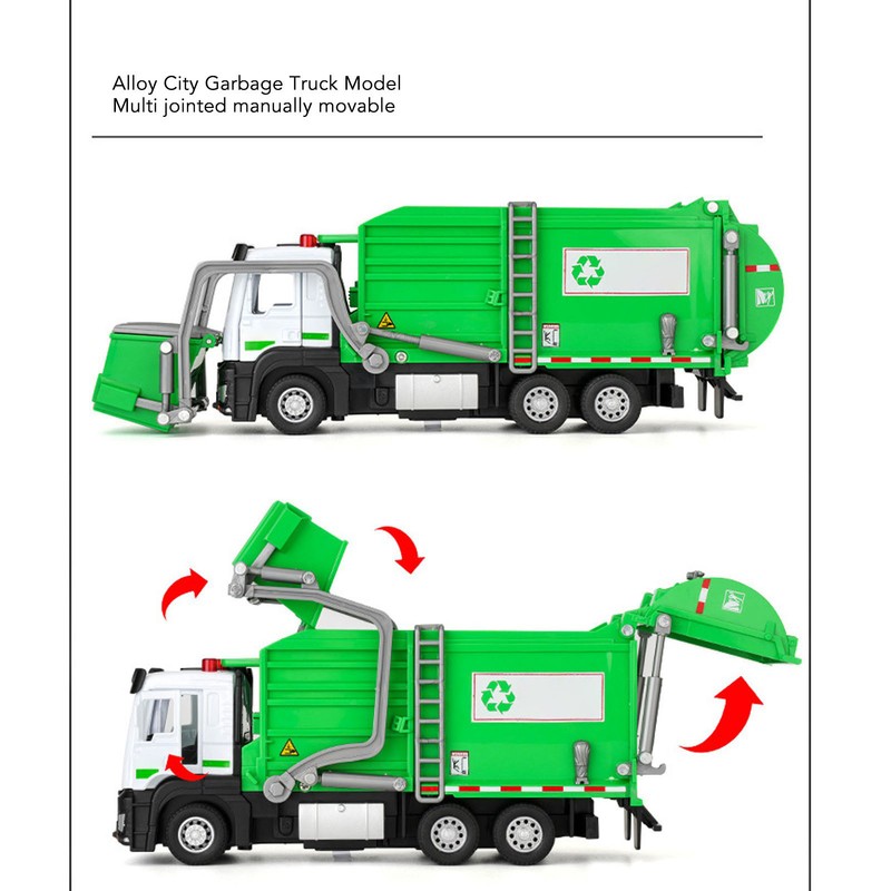 1:32 Garbage Truck Toy with Dumpster 4 Trash Bins Friction
