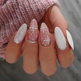 24Pcs Christmas Press on Nails with Snowflake and Rhinestone Designs Almond Glossy Full Cover White Xmas Artificial Fake Nails Long Acrylic Winter False Nails with Glue Stick on Nails for Women