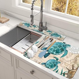 2PCS 19.5" x 12" Dish Drying Mat & 24" x 5.5" Sink Splash Guard, Ultra Absorbent & Cuttable Sea Turtle Dish Mat Drying Kitchen Mat with Non-slip Rubber Backed, Hide Stain Drying Matt Kitchen Counter