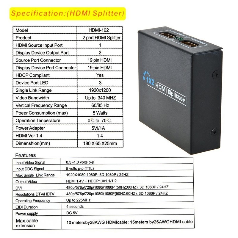 HDMI 1x2 3D Splitter Box 1x2 Port (1 Input X