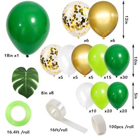 RUBFAC 134pcs Jungle Party Balloons Garland Arch Kit Green Balloons Arch Dinosaur Party Decoration with Artificial Tropical Palm Leaves for Jungle Party, Shower, Birthday Party and Animal Theme Party