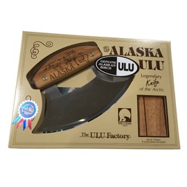 The Ulu Factory Alaska Birch Ulu Knife 6" Stainless Steel Blade with Block Wood Stand Caribou