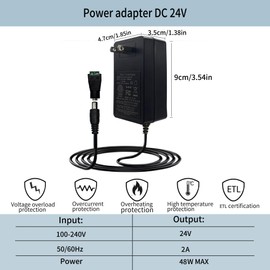 GIDEALED 24V Power Supply DC,24V 2A Power Supply 48W Adapter for COB LED Strip Light with 5.5x2.1mm Plug in Transformer,Low Voltage Safety 110vac to 24vdc Power Supply