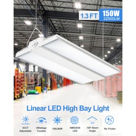 ADUB LED High Bay Shop Light 150W 120W 90W Aajustable Wattage, 1.3FT LED High Bay Warehouse Light 3000K 4000K 5000K, Linear Hanging Light Fixture, UL&DLC Listed Commercial High Bay Light, AC100-277V
