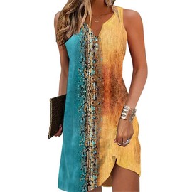 V-Neck Floral Printed Summer A-Line Elegant Dresses Womens Vintage Sleeveless Beach Sundress Ladies Casual Loose Boho Dress