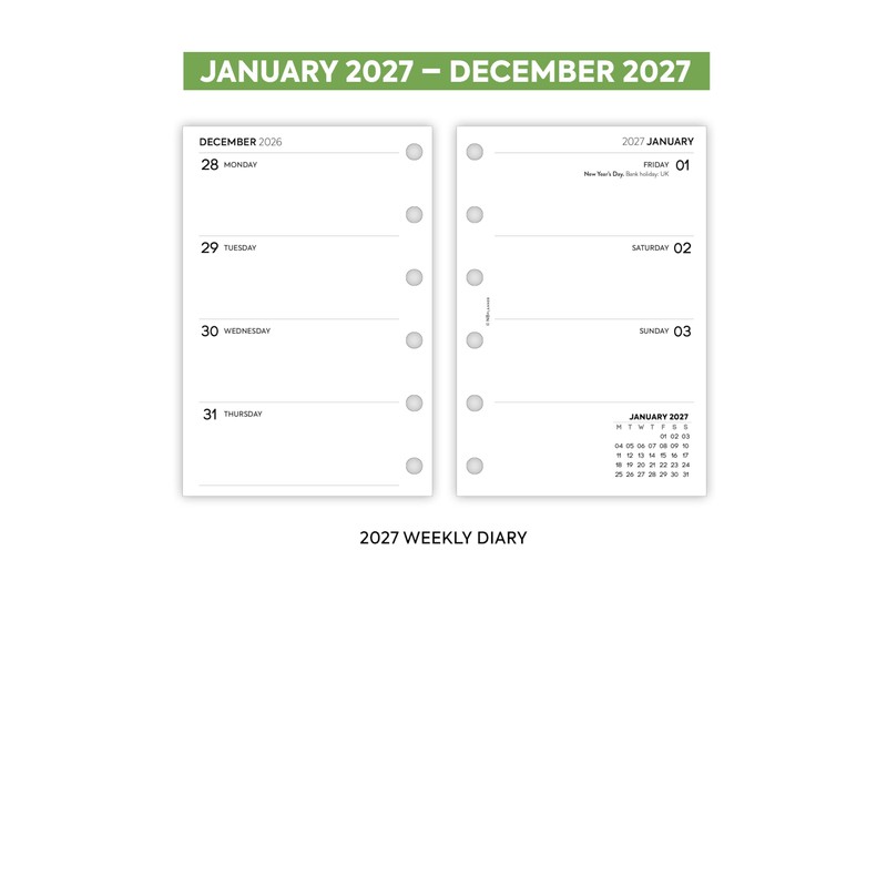 2027 Pocket size Week on two pages diary refill insert