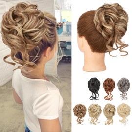 Benehair Messy Bun Hair Piece Wavy Curly Claw Clip Hair Bun Extensions Synthetic Hair Bun Donut Accessories Scrunchies Hair Pieces for Women(Brown mix Blonde, 75g)