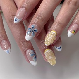 24Pcs Cute French Tip Press on Nails Almond Short Fake Nails with 3D Lemon Design Summer Glue on Nails Blue Flower False Nails Yellow Fruit Acrylic Nails Short Artificial Stick on Nail for Women