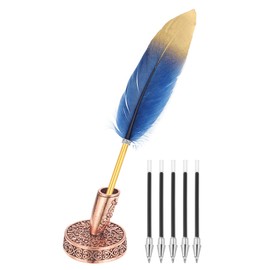 PATIKIL Dark Blue Gold Feather Ballpoint Pens Bulk, Metal Holder Black Ink Vintage Quill Writing Pens with 5 Pieces Refill for Office, Wedding Signature, Red Bronze