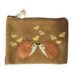 Hedgehog Coin Purse with Hearts Design, 13.5 x 10 cm, Gold Star Zip Pull (Tan)