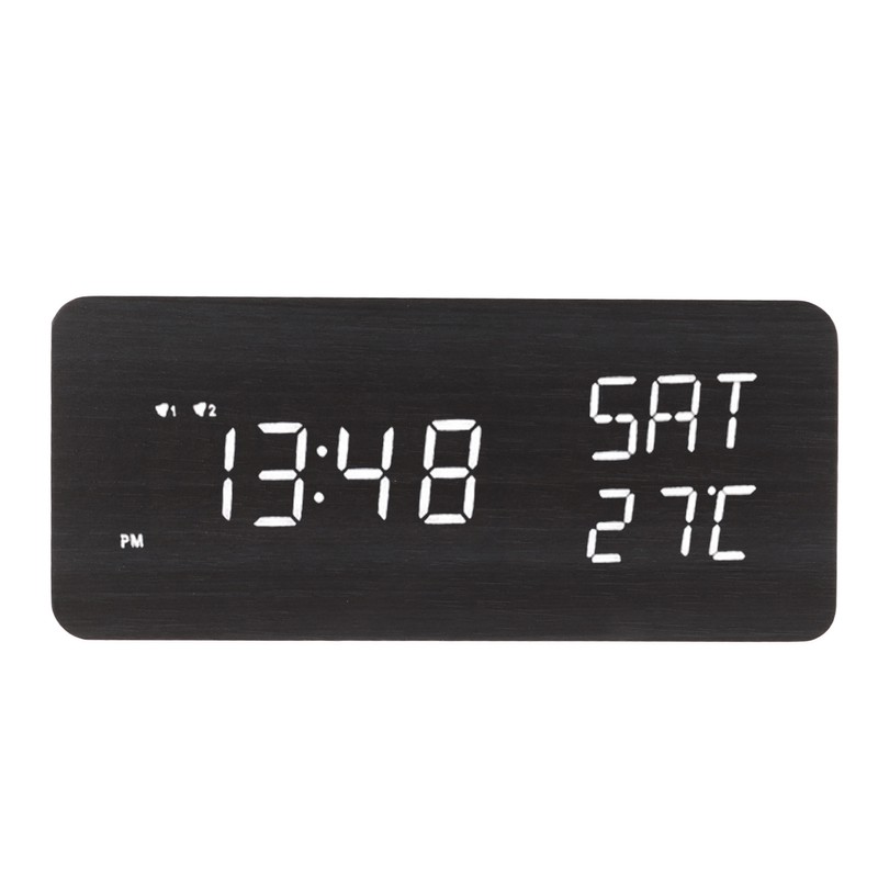 Wooden Digital Alarm Clock with Wireless Charging Black Adjustable Brightness