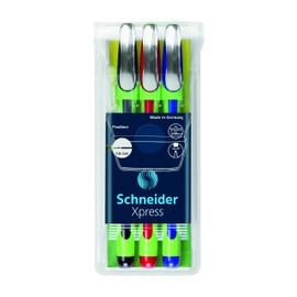 Schneider Xpress Fineliner Porous Point Pen, Stick, Medium 0.8 Mm, Assorted Ink Colors, Green Barrel, 3/Pack