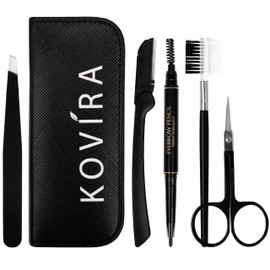 Kovira 5-Piece Eyebrow Set with Black Case - Stainless Steel Scissors, Eyebrow Brush, Shaper, Pen & Tweezers Eyebrow Plucking - For Shaping, Trimming & Eyelash Extension - For Men & Women