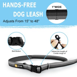 5 in 1 Hands-Free Dog Leash, Adjustable Waist Leash with Padded Handles & Shock Absorbing Bungee for Dogs 25-125LBS - Perfect for Walking, Jogging, Hiking, Running, Grey