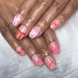 Valentines Press on Nails Short Square Fake Nails with Designs Light Pink False Nails French Tip Nails Press on Acrylic Nails Glossy Heart Glue on Nails Valentine's Day Stick on Nails for Women 24Pcs