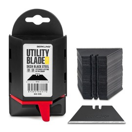Berkling Utility Knife Blades 100 PCS With Dispenser, SK2H Laser Sharpened Hardened Black Carbon Steel, Ultra 3X Sharper, and 5X More Durable, Standard T-Shape Replacement Box Cutter Razor Blades