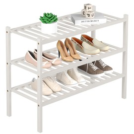 ROMGUAR CRAFT 2 Tier Bamboo Shoe Rack for Closet Free Standing Wood Shoe Shelf for Entryway Small Space Stackable 27"x11"x13" (White)