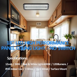 RV LED Lights Interior 12 Volt Ceiling light Fixture for RV Camper Boat 18inches Rectangle Panel Light with Blue and 6000K White Lighting 1200lumens, no Switch (1 Light)