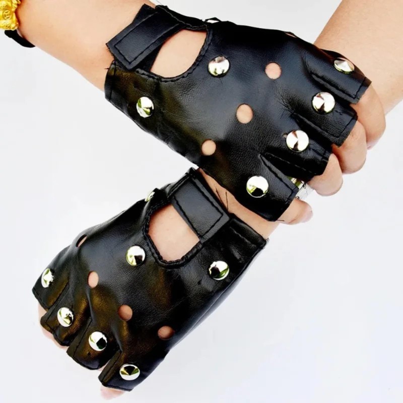 SELECOCO Studded Fingerless Gloves, Punk Rock, PU Leather, Half Finger