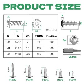 Jyvex Pack of 100 self-tapping screws stainless steel M3 x 18 mm, self-tapping screws with disc, A2 V2A Torx screws, full thread, wood screws, flat head screws with T10 drill