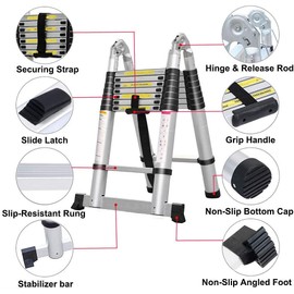 (2.5M+2.5M ) 16.4FT Telescoping Ladder,Aluminum Telescoping A-Frame Ladder Expandable Ladder Portable Ladder for RV, Loft, Home & Attic,Indoor /Outdoor,Max Load 330lbs