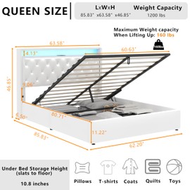 Loomie Queen Lift Up Bed Frame with Charging Station&LED Lights,Leather Upholstered Bed with Button Tufted Wingback Storage Headboard,Hydraulic Storage, No Box Spring Needed,Wood Slats Support (White)