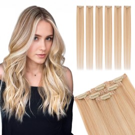 Elailite Real Hair Clip In Extensions Human Hair Double Weft 6 Pcs Seamless Highlights Hairpieces Straight Remy - #18/613 Ash Blonde Mix Bleach Blonde - 22 Inch 47g