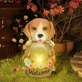 MROUEN Solar Garden Outdoor Statues Dog Decor with LED Lights, Resin Art Decorations for Home Porch Balcony Yard Decor for Woman, Mom Housewarming Thanksgiving Birthday Gifts