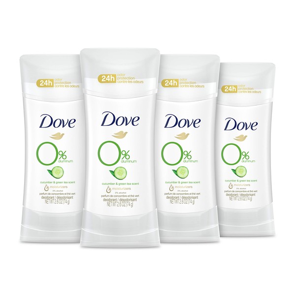 Dove 0% Aluminum Deodorant 24 Hours Odor Protection Cucumber and Green Tea with ¼ Moisturizers and 0% Alcohol, 2.6 Ounce (Pack of 4)