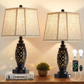 EJIAXIN Table Lamps Set of 2-23.5" Vintage Bedside Lamp with USB A+C and Nightlight - Black Carved Resin Retro Desk Lamp for Bedrooms, End Tables, Living Room, Bulbs Included