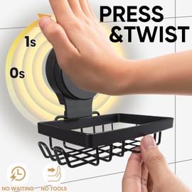 Soap Holder Bar Dish Suction Cup, Bar Shampoo Rack for Shower Wall, Draining Soap Saver Tray for Bathroom, Rustproof Stainless Steel Sponge Holder for Tub, Kitchen, Drill-Free (Black, 1-Tier)