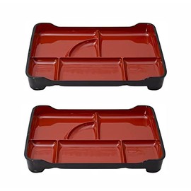 JapanBargain 1590, Japanese Lunch Bento Box Traditional Plastic Lacquered Bento Plate 6 Compartments for Restaurant or Home, Red and Black Color, 14"x9.25", Made in Japan, 2 Pack