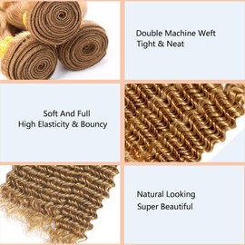Leruikair Human Hair Bundles 20 22 24 Inch Deep Wave Human Hair Bundles Honey Blonde Color 27 Unprocessed Brazilian Soft Quick Weave Hair for Black Women