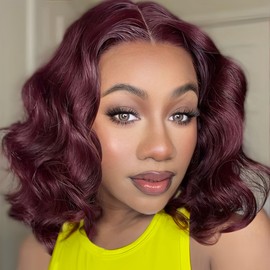 13x6 Bob Wig Human Hair 200 Density 99j Burgundy Lace Front Wigs Human Hair Glueless 13x6 Body Wave HD Lace Front Wigs Human Hair Pre Plucked Short Wine Red Bob Wigs for Black Women 12 Inch