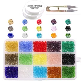Glarks 1800 piezas de cuentas de cristal bicona de 4 mm, 15 colores de cuentas de cristal facetadas con forma de bicona con cuerda elástica, tijeras, aguja para hacer joyas de bricolaje, pulseras