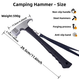 Camping Hammer Camping Mallet Tent Peg Puller, 12" high Carbon Steel Tent Hammer, Multifunction Outdoor Tent Stake Peg Mallet, Camping Hammer Heavy Duty, With Holding Stra (Black)