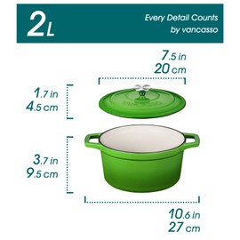 vancasso Enameled Cast Iron Dutch Oven, 2.5 QT Green Naturally Non-Stick Casserole Dish Cookware, with Stainless Steel Knob Lid Cast Iron Casserole for Steam Braise Bake Broil Saute Simmer Roast