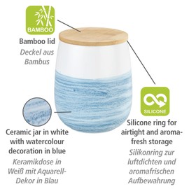 WENKO Aufbewahrungsdose Mala 1,2 L, hochwertige Keramikdose in Weiß mit Aquarell-Dekor in Blau, FSC zertifizierter Bambusdeckel mit Silikonring zur luftdichten Aufbewahrung, 13 x 16 cm