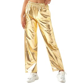 Metallic Holographic Glitter Pants - Women's Festival Rave Trousers, Alien Costume, Kpop Outfits, Harajuku Hip Hop Streetwear Y2k Gold L