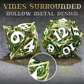 FONVGOGO Metal DND Dice Set of 7 for Dungeons and Dragons Hollow Polyhedral Metal Vine Dice Set D&D with Black Case Role Playing D and D RPG Dice for Tabletop Games Ttrpg (Vine Green)