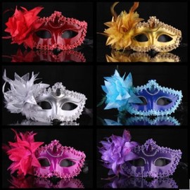 Zombie Makeup Factory Halloween Masquerade Mask - Women's Large Biwa Princess Feather Style Mask/Rose Red 10ea